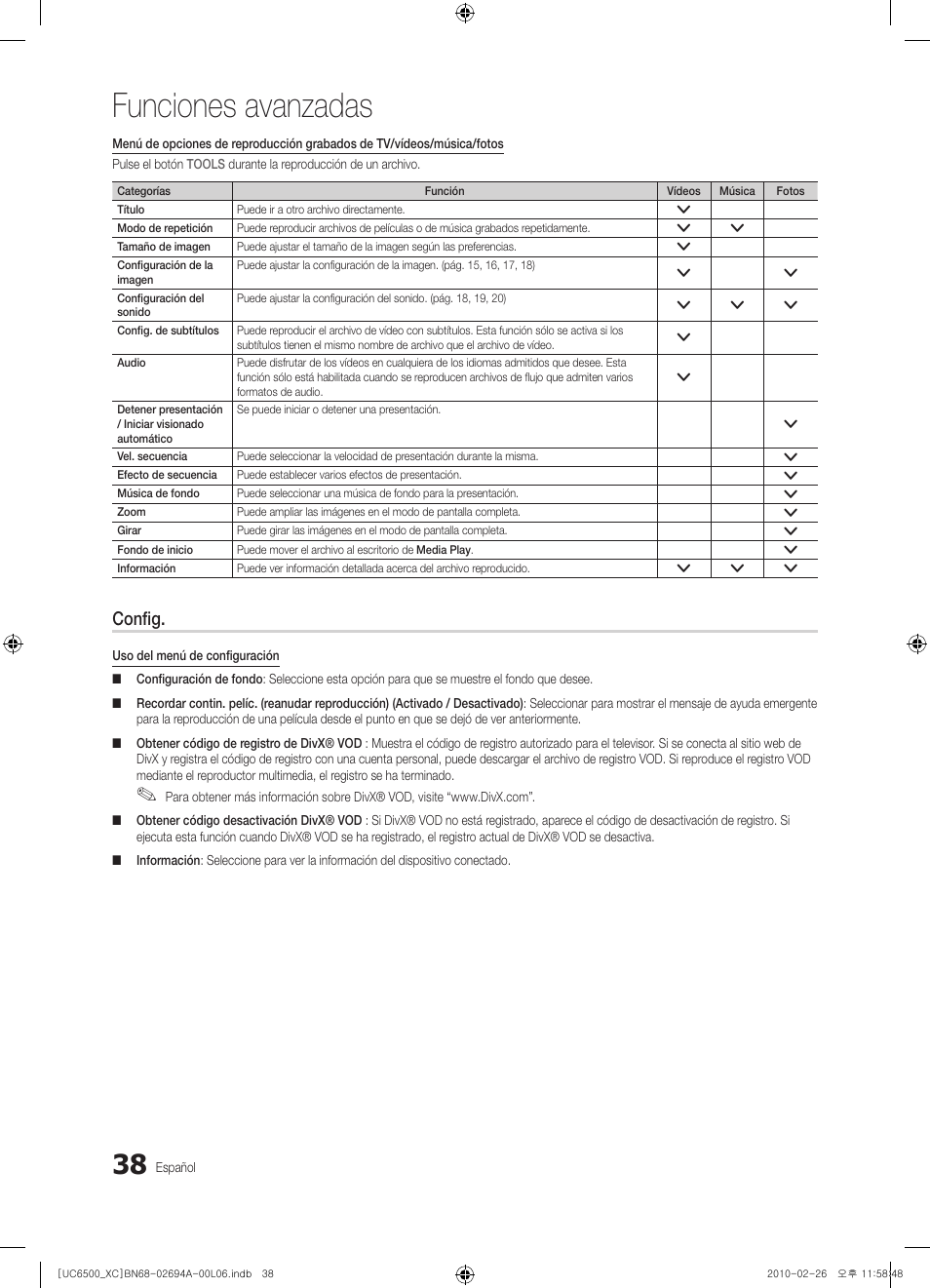 Funciones avanzadas, Config | Samsung UE32C6500UW User Manual | Page 154 / 350