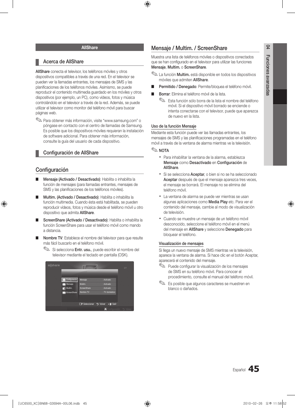 Configuración, Mensaje / multim. / screenshare | Samsung UE32C6500UW User Manual | Page 161 / 350