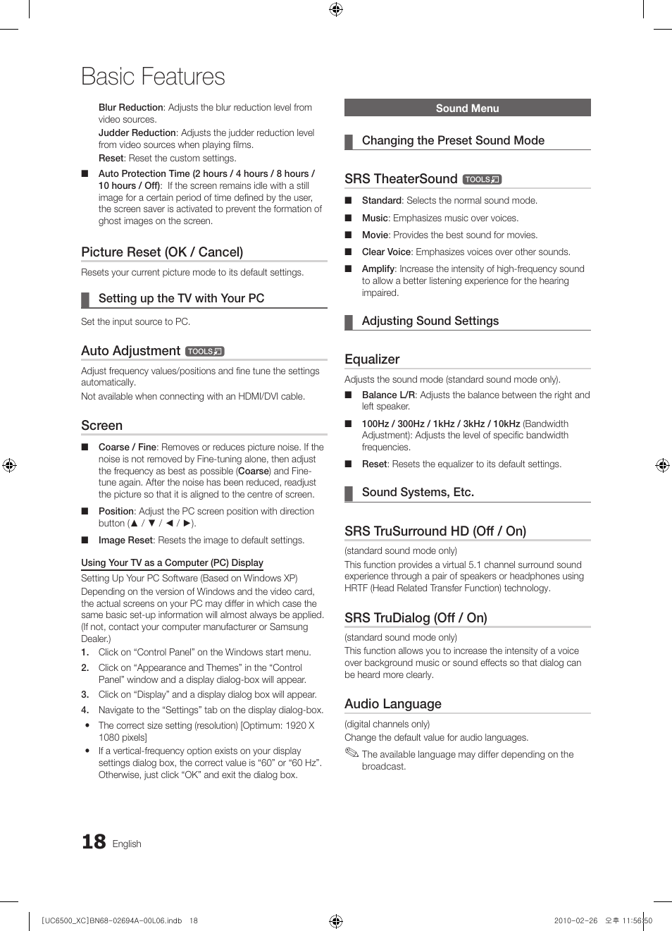 Basic features, Picture reset (ok / cancel), Auto adjustment | Screen, Srs theatersound, Equalizer, Srs trusurround hd (off / on), Srs trudialog (off / on), Audio language | Samsung UE32C6500UW User Manual | Page 18 / 350