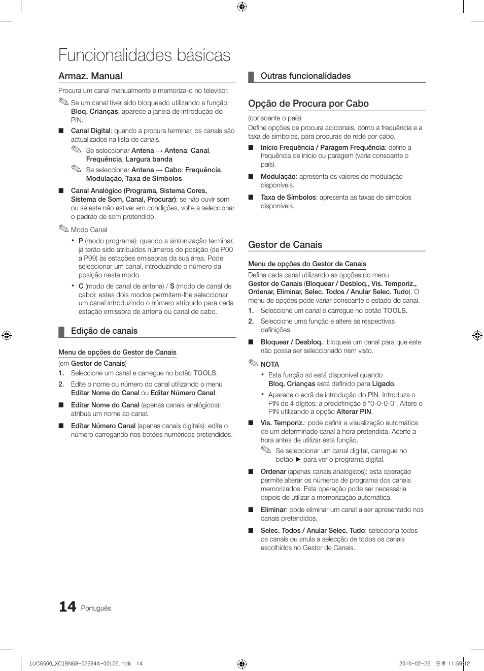 Funcionalidades básicas, Armaz. manual, Opção de procura por cabo | Gestor de canais | Samsung UE32C6500UW User Manual | Page 188 / 350