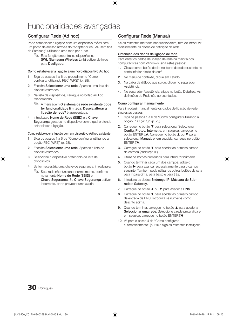 Funcionalidades avançadas, Configurar rede (ad hoc), Configurar rede (manual) | Samsung UE32C6500UW User Manual | Page 204 / 350