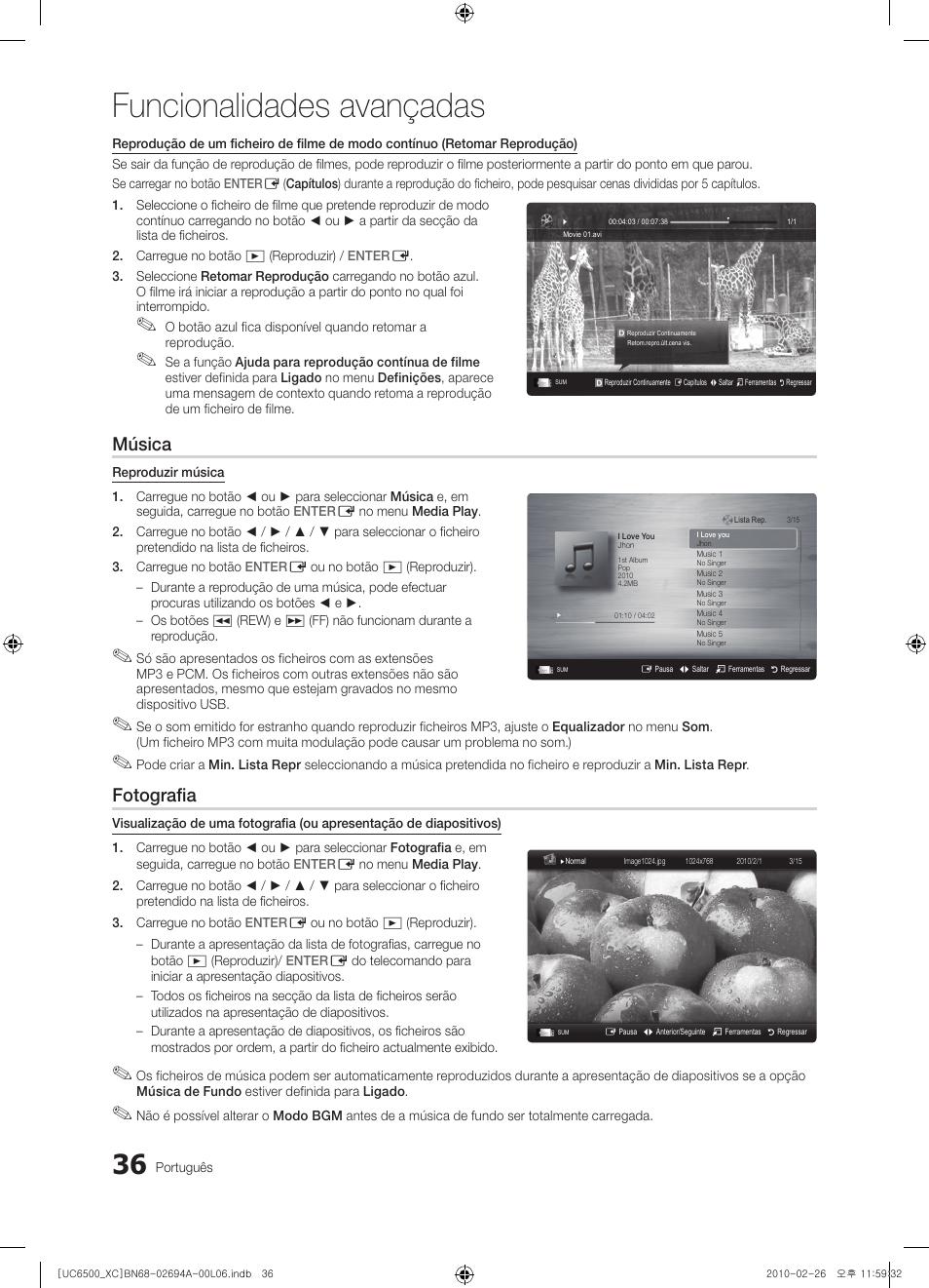 Funcionalidades avançadas, Música, Fotografia | Samsung UE32C6500UW User Manual | Page 210 / 350