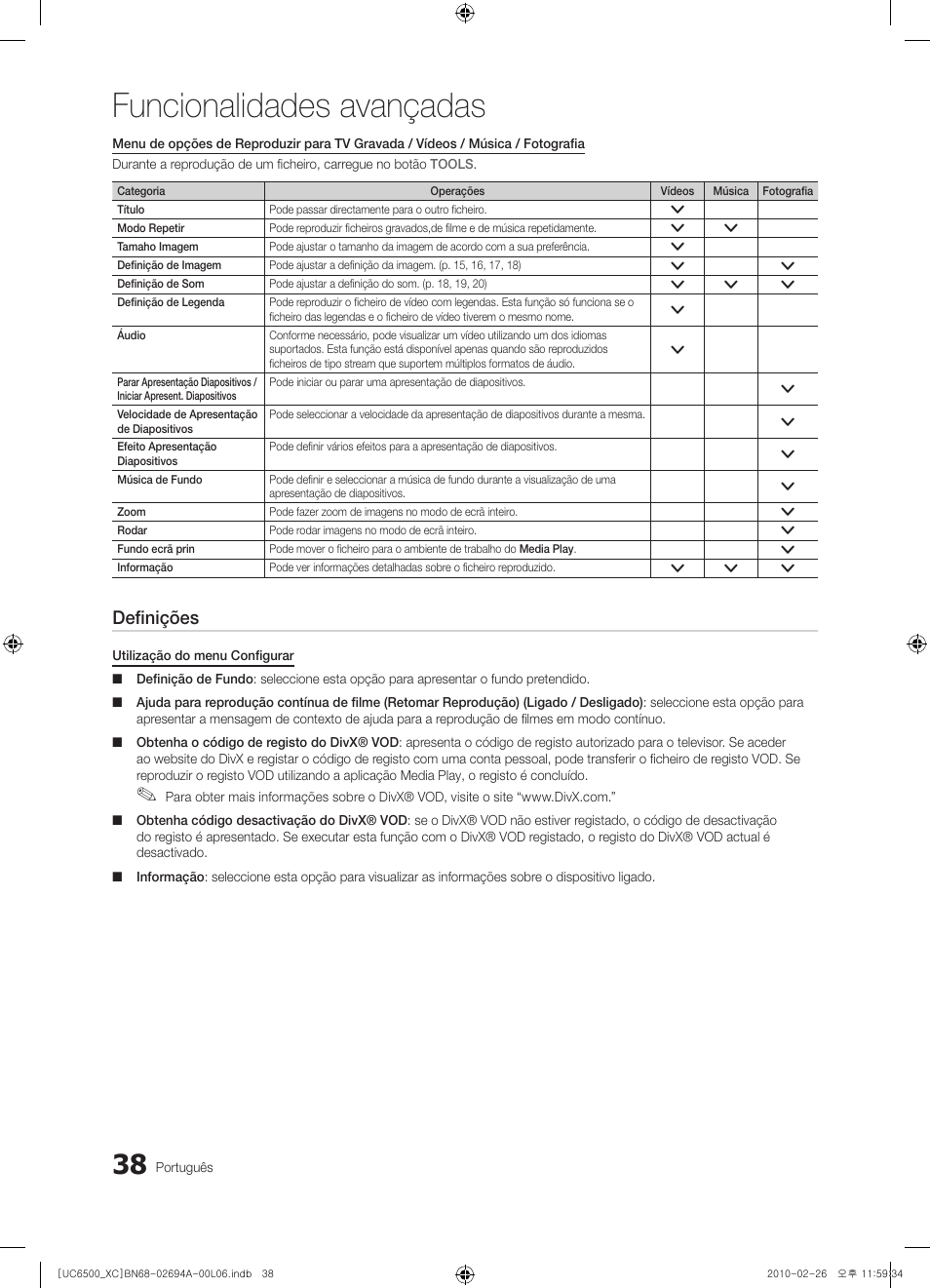 Funcionalidades avançadas, Definições | Samsung UE32C6500UW User Manual | Page 212 / 350