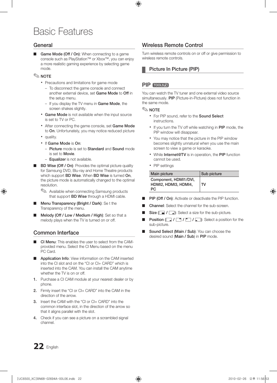 Basic features, General, Common interface | Wireless remote control | Samsung UE32C6500UW User Manual | Page 22 / 350