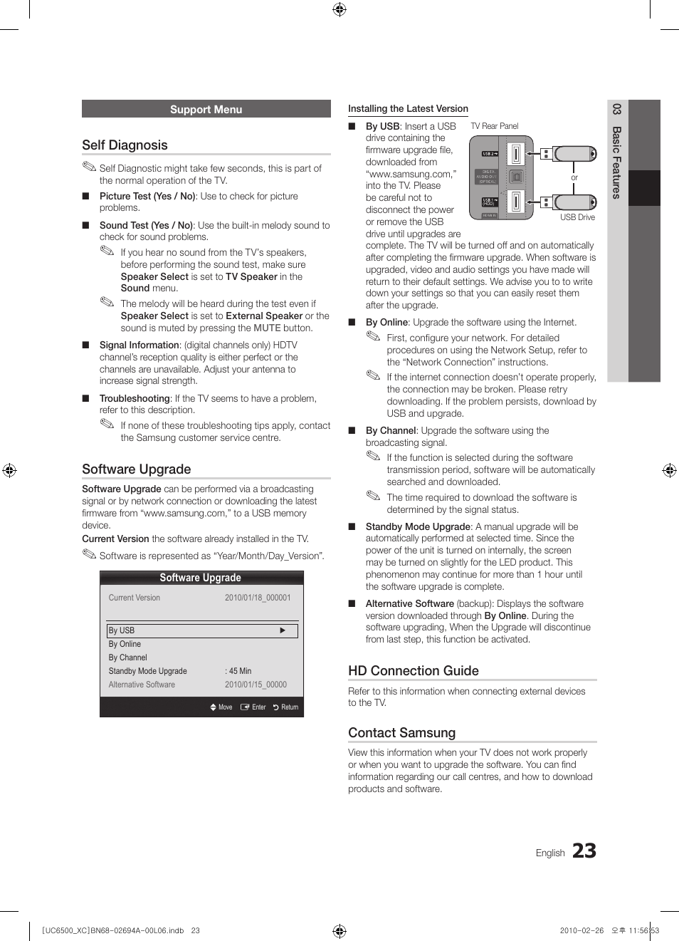Self diagnosis, Software upgrade, Hd connection guide | Contact samsung | Samsung UE32C6500UW User Manual | Page 23 / 350