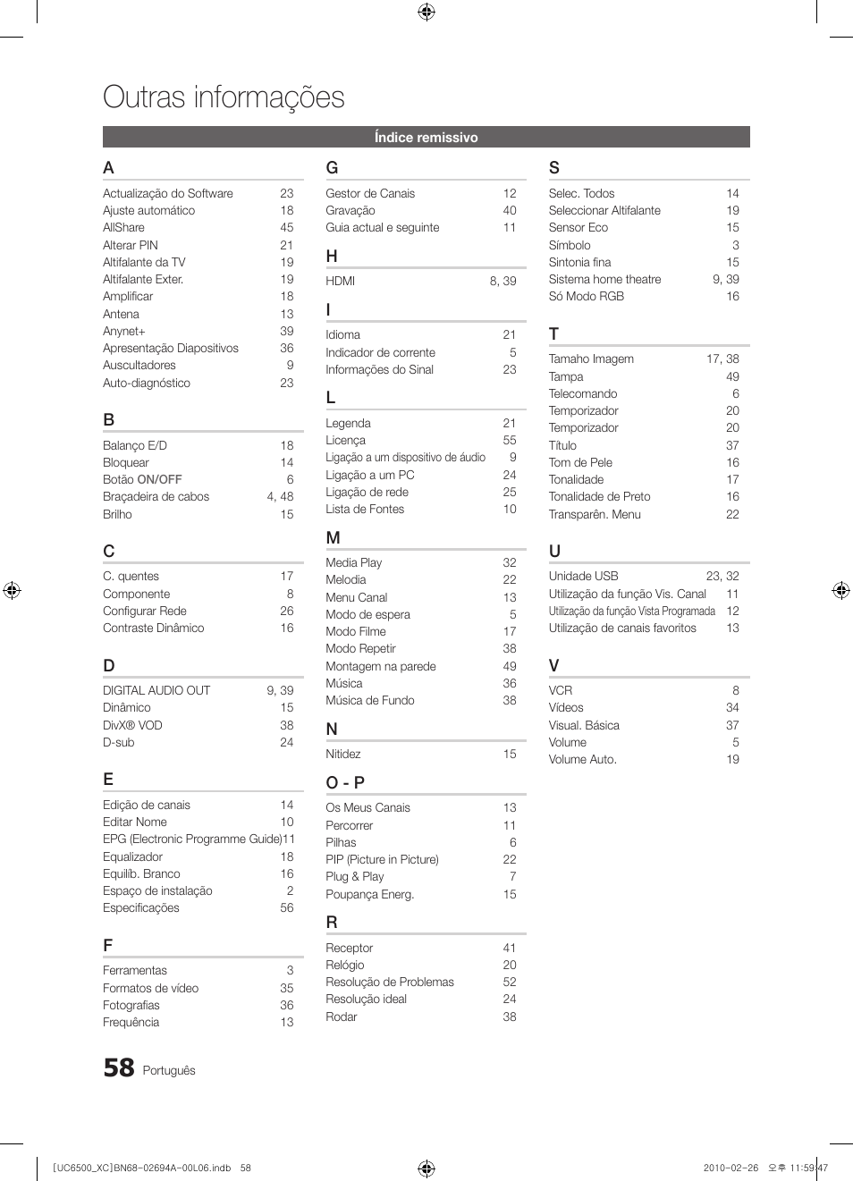 Outras informações, O - p | Samsung UE32C6500UW User Manual | Page 232 / 350