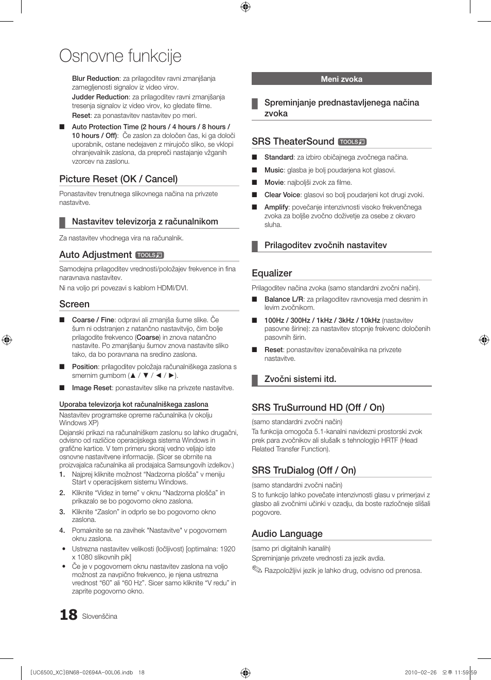 Osnovne funkcije, Picture reset (ok / cancel), Auto adjustment | Screen, Srs theatersound, Equalizer, Srs trusurround hd (off / on), Srs trudialog (off / on), Audio language | Samsung UE32C6500UW User Manual | Page 250 / 350