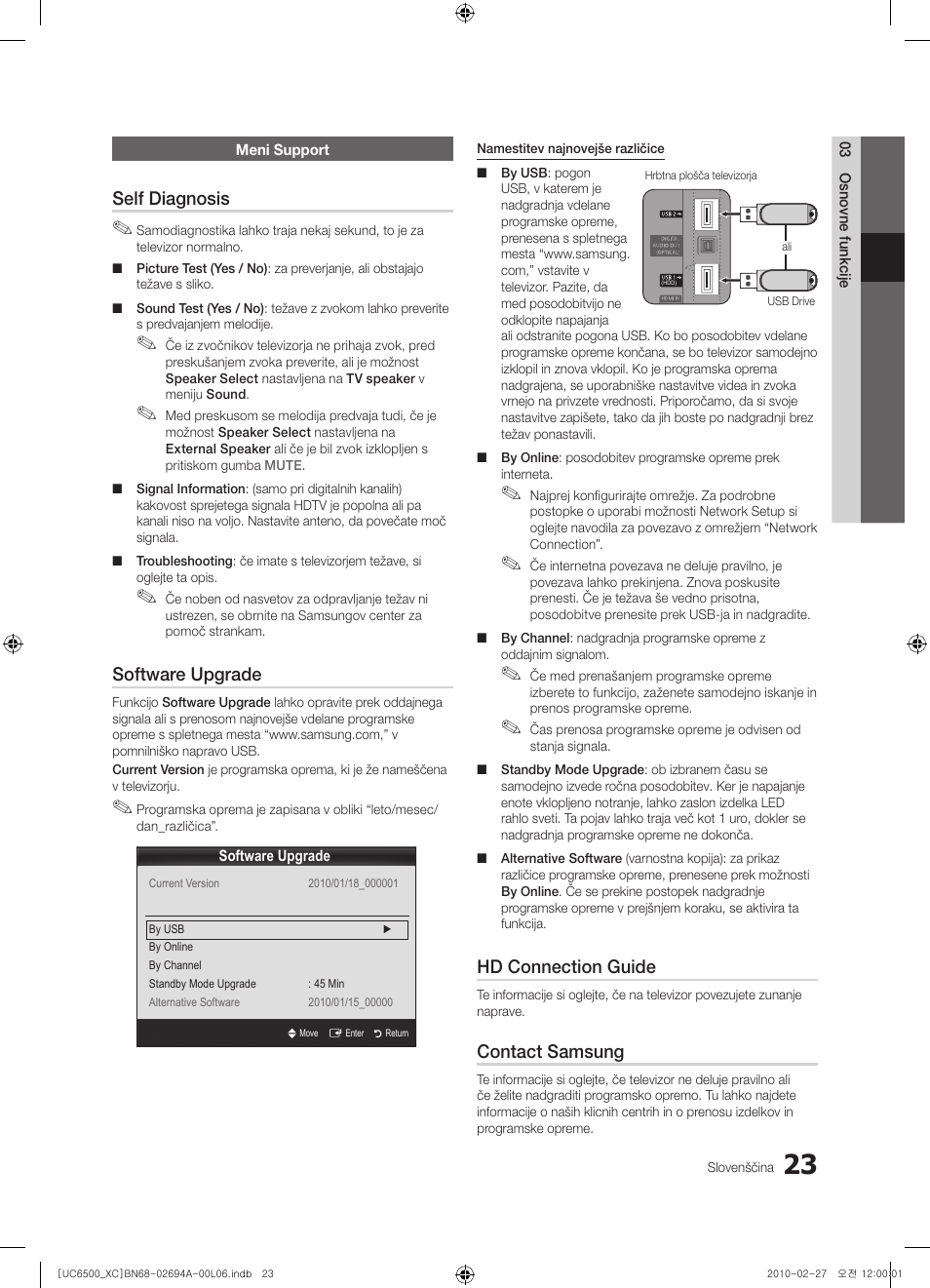 Self diagnosis, Software upgrade, Hd connection guide | Contact samsung | Samsung UE32C6500UW User Manual | Page 255 / 350