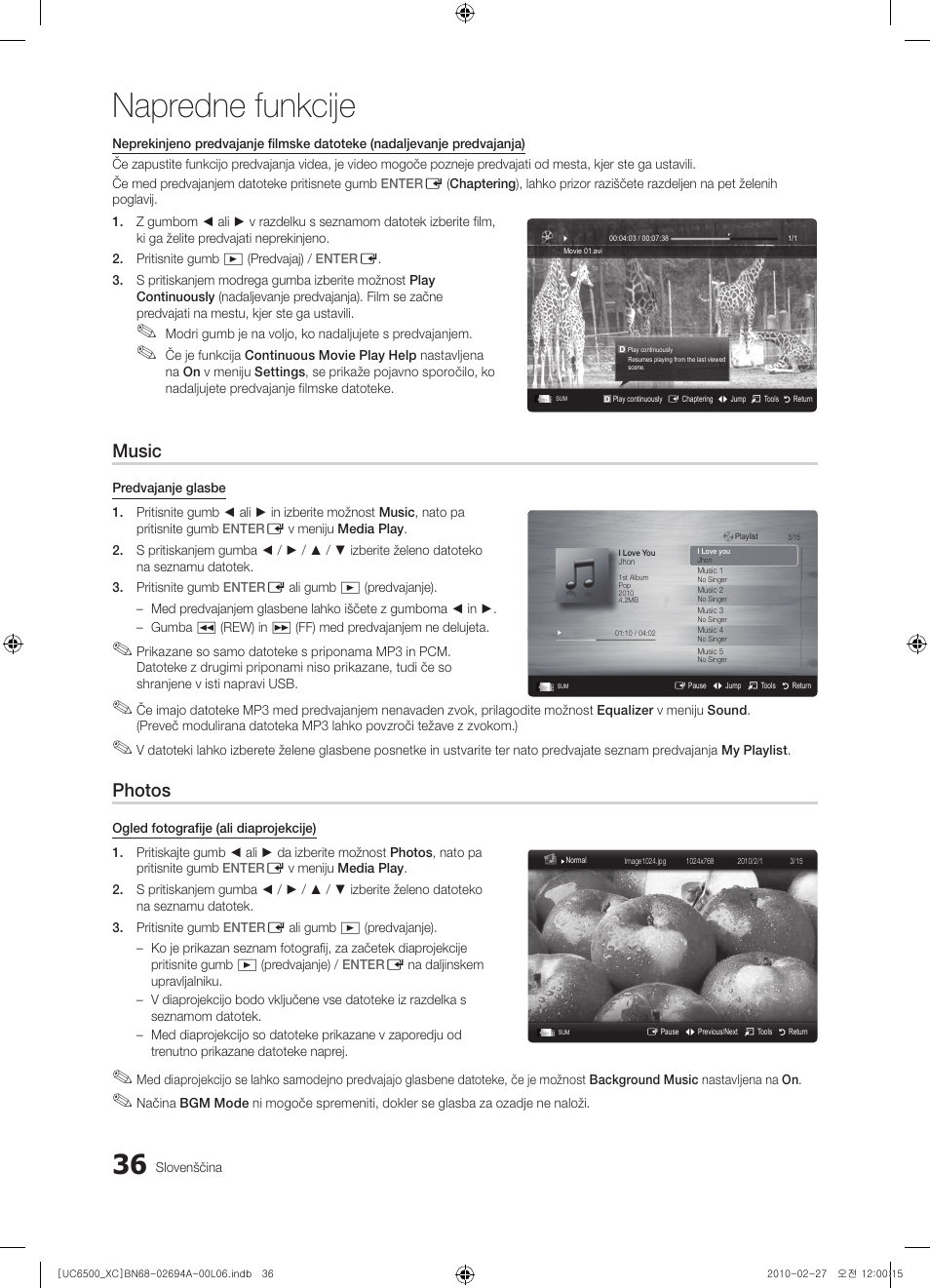 Napredne funkcije, Music, Photos | Samsung UE32C6500UW User Manual | Page 268 / 350