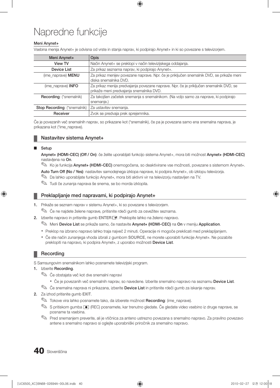 Napredne funkcije | Samsung UE32C6500UW User Manual | Page 272 / 350