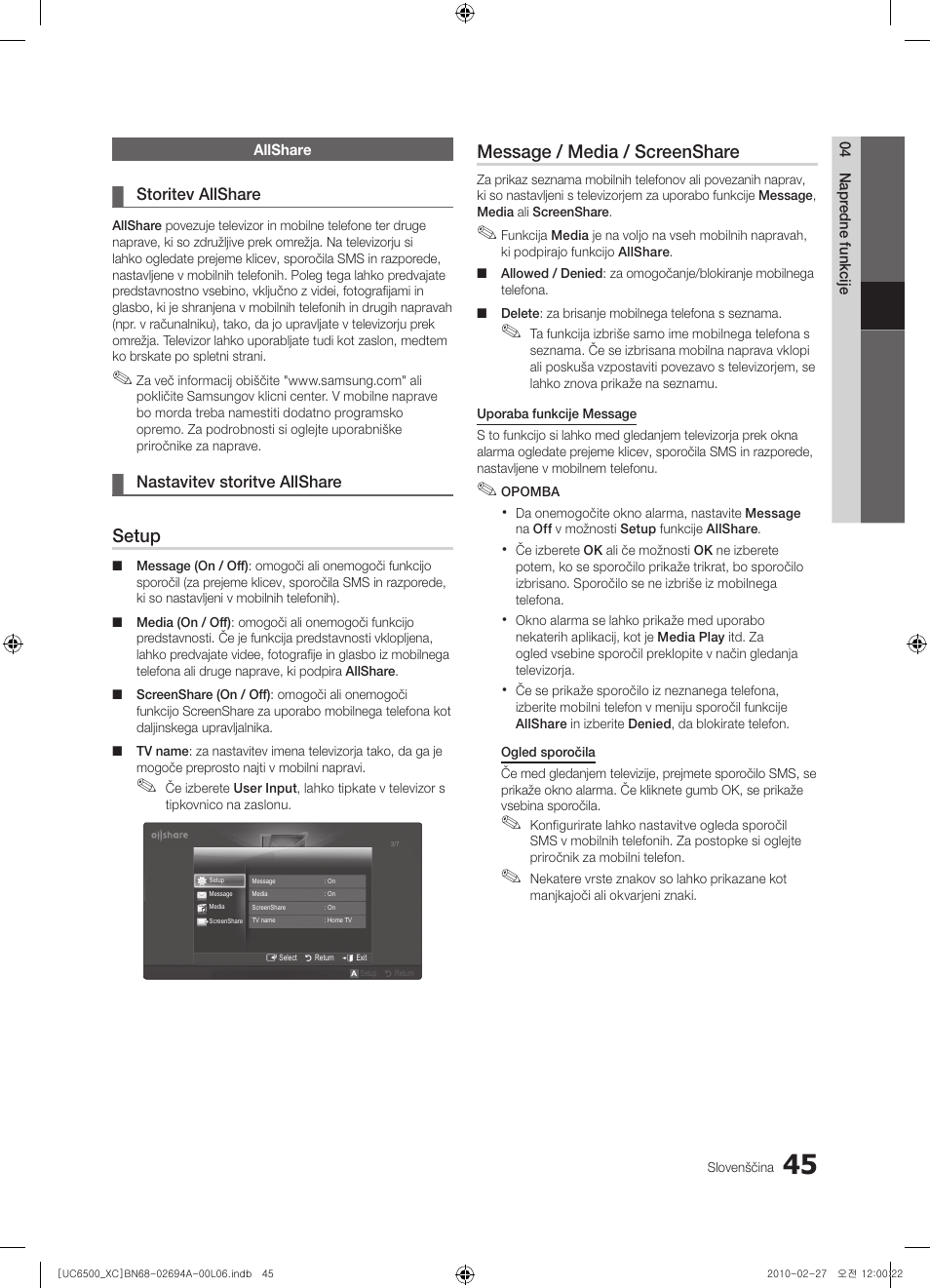 Setup, Message / media / screenshare | Samsung UE32C6500UW User Manual | Page 277 / 350