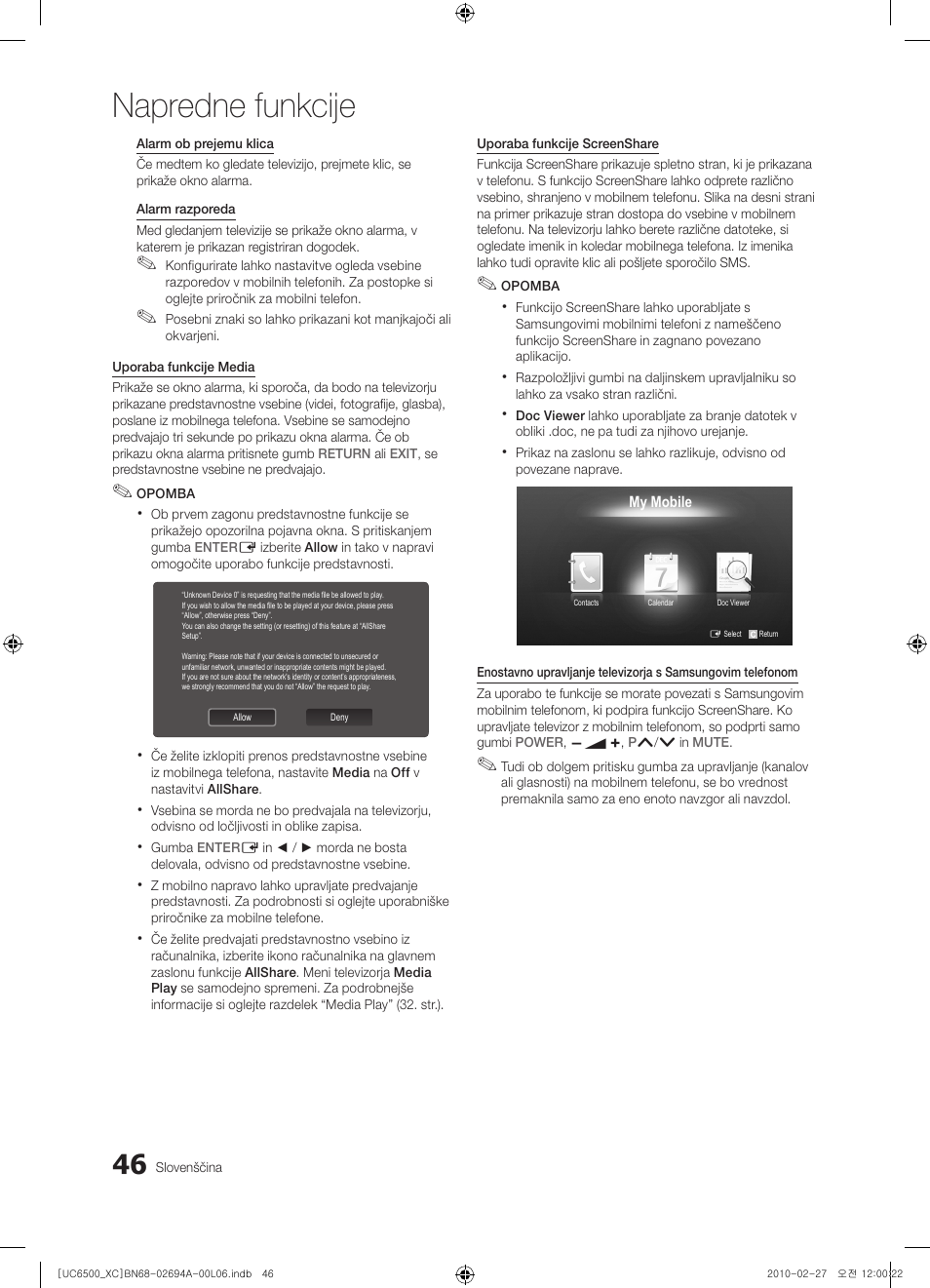 Napredne funkcije | Samsung UE32C6500UW User Manual | Page 278 / 350