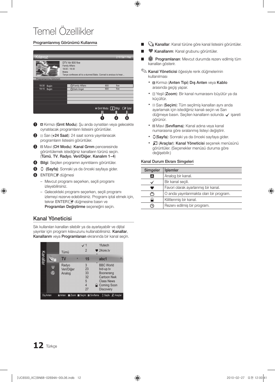 Temel özellikler, Kanal yöneticisi | Samsung UE32C6500UW User Manual | Page 302 / 350