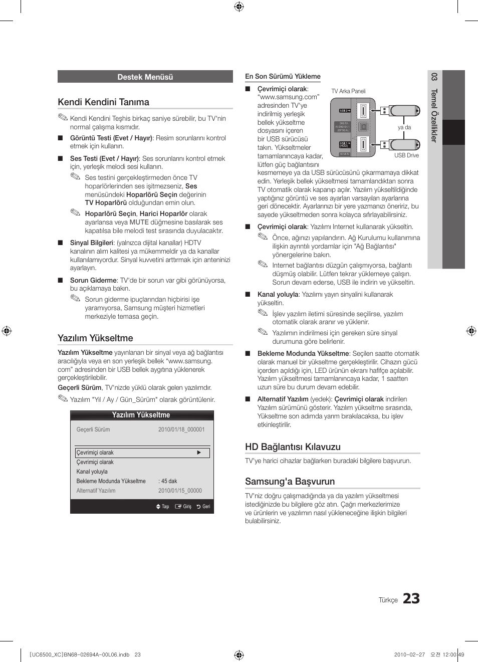 Kendi kendini tanıma, Yazılım yükseltme, Hd bağlantısı kılavuzu | Samsung'a başvurun | Samsung UE32C6500UW User Manual | Page 313 / 350