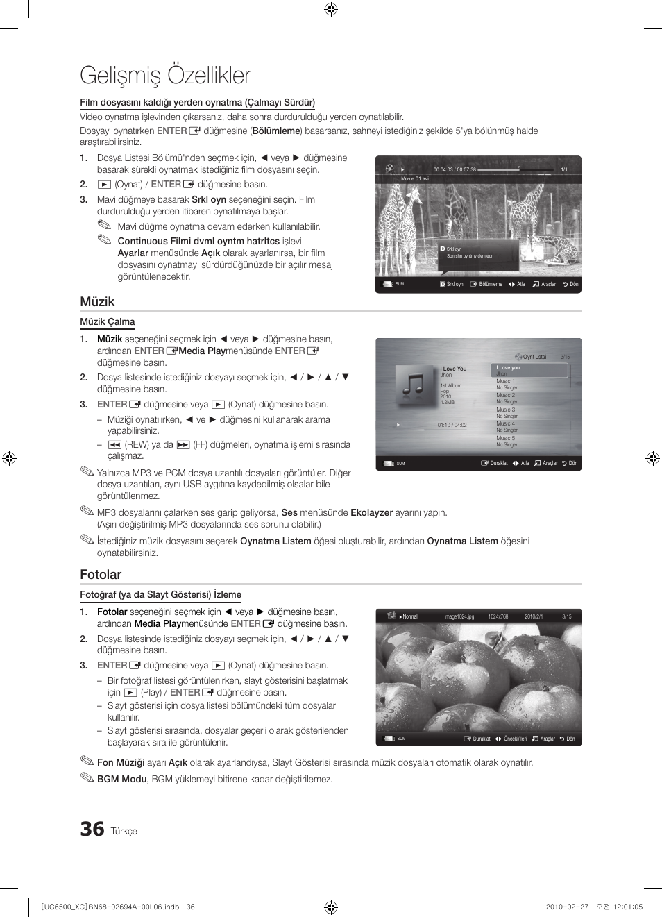 Gelişmiş özellikler, Müzik, Fotolar | Samsung UE32C6500UW User Manual | Page 326 / 350