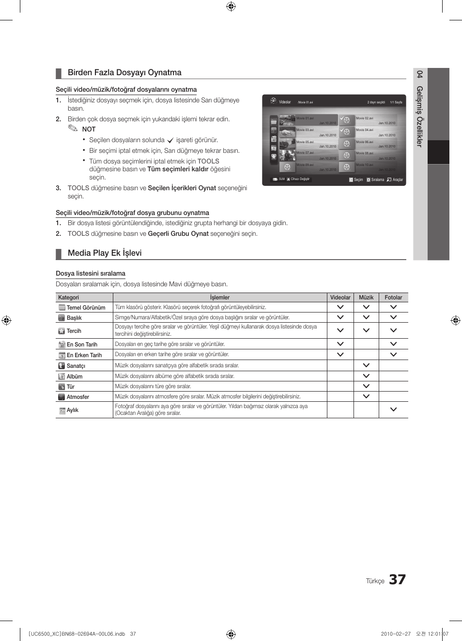 Birden fazla dosyayı oynatma, Media play ek işlevi | Samsung UE32C6500UW User Manual | Page 327 / 350