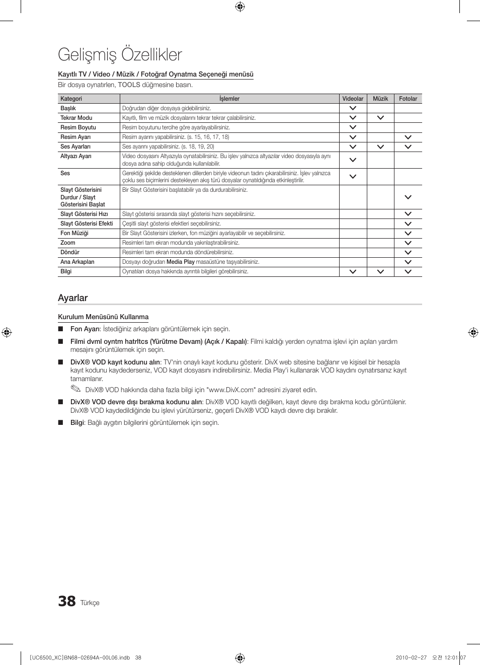 Gelişmiş özellikler, Ayarlar | Samsung UE32C6500UW User Manual | Page 328 / 350