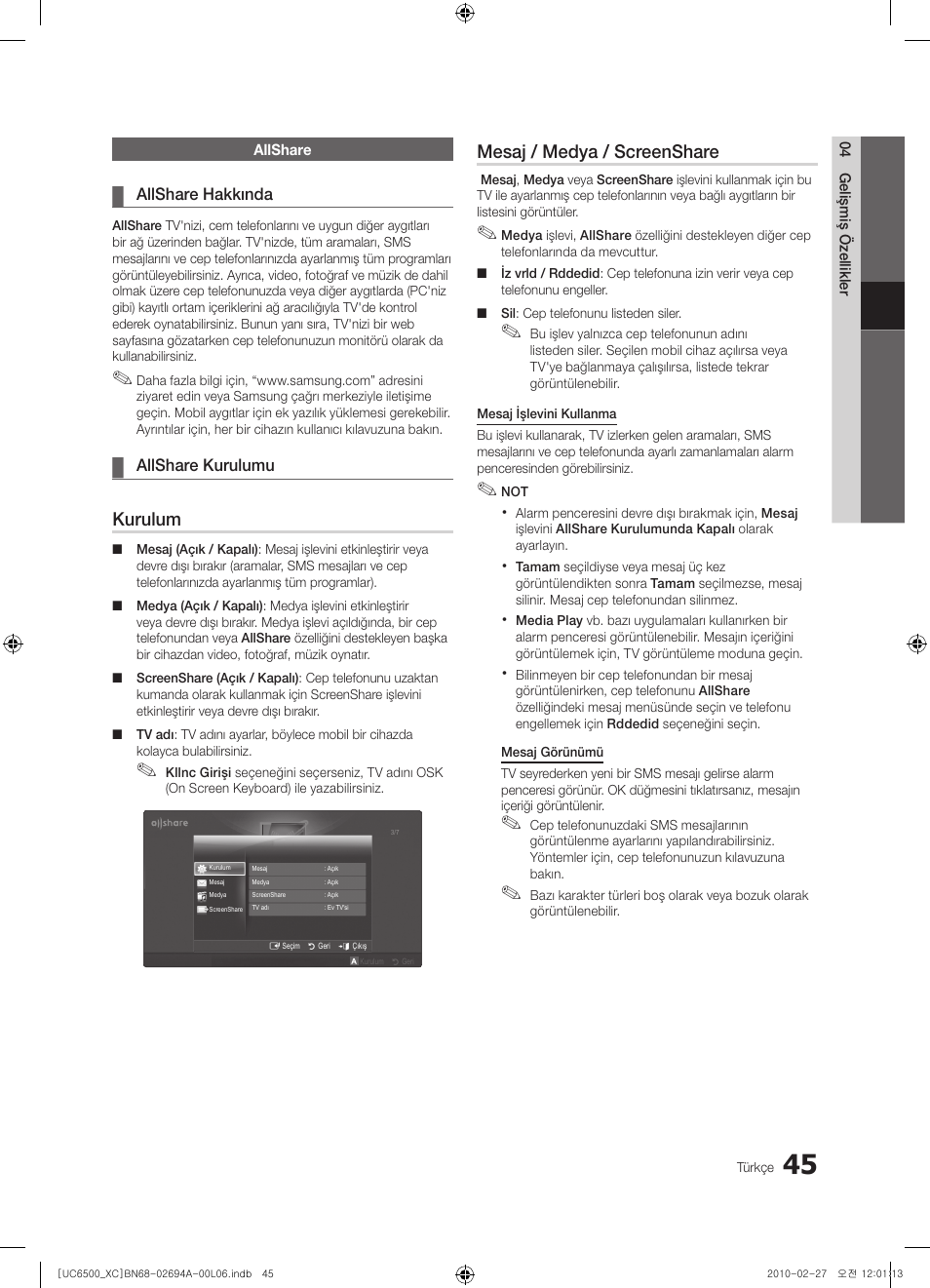 Kurulum, Mesaj / medya / screenshare | Samsung UE32C6500UW User Manual | Page 335 / 350