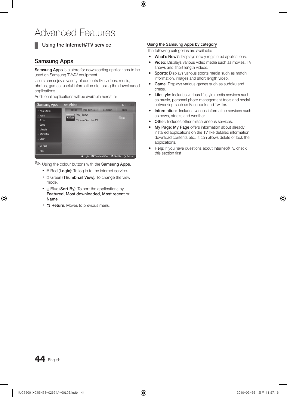 Advanced features, Samsung apps | Samsung UE32C6500UW User Manual | Page 44 / 350