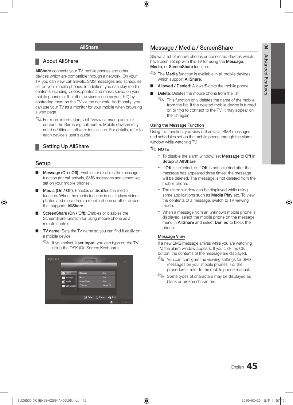 Setup, Message / media / screenshare | Samsung UE32C6500UW User Manual | Page 45 / 350