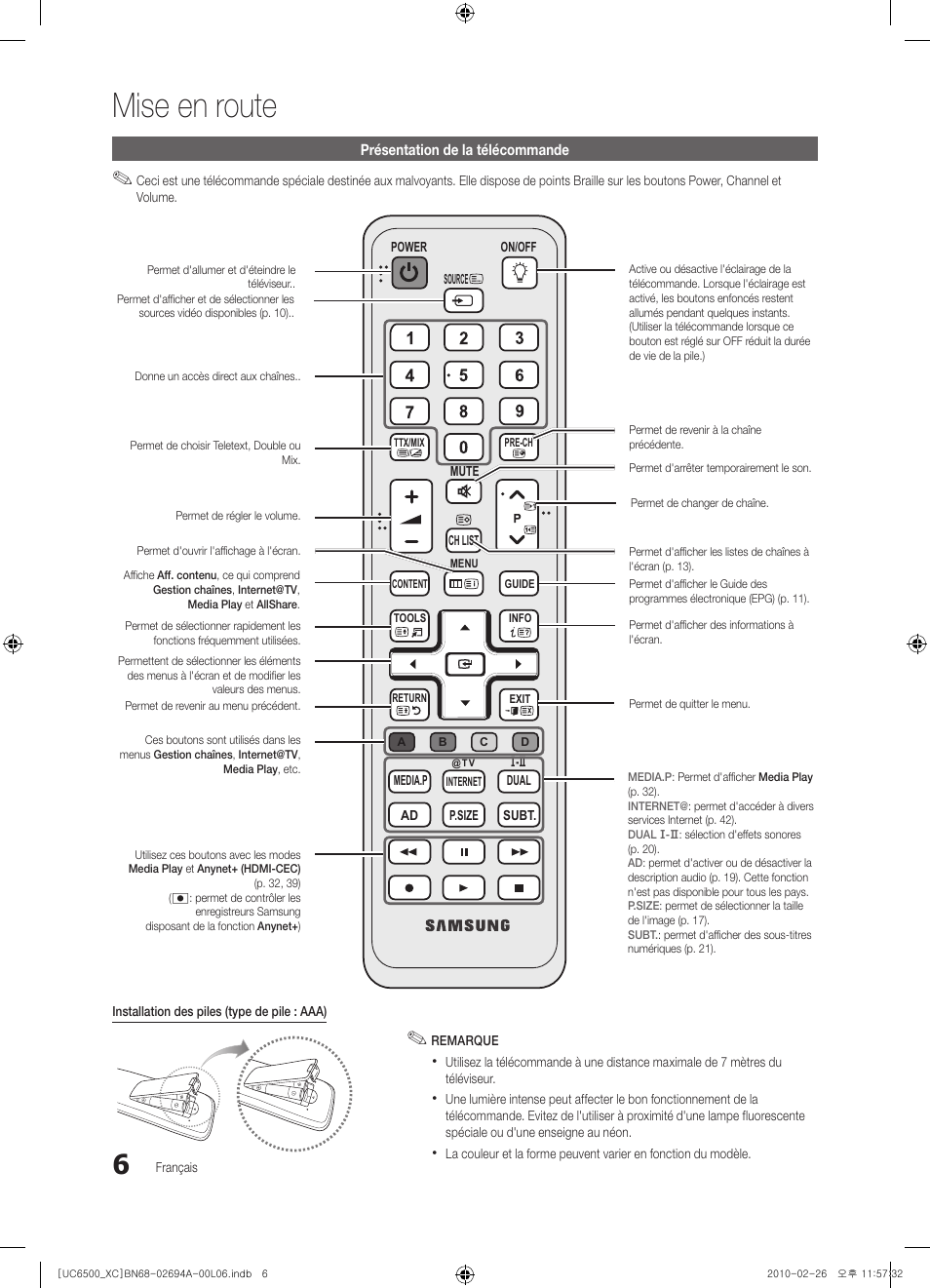 Mise en route | Samsung UE32C6500UW User Manual | Page 64 / 350