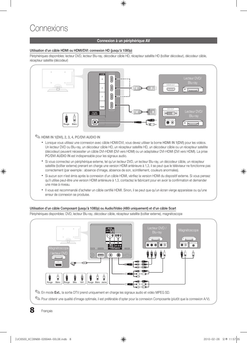 Connexions, Connexion à un périphérique av, Français | Hdmi in 1(dvi), 2, 3, 4, pc/dvi audio in, Lecteur dvd/ blu-ray lecteur dvd/ blu-ray | Samsung UE32C6500UW User Manual | Page 66 / 350