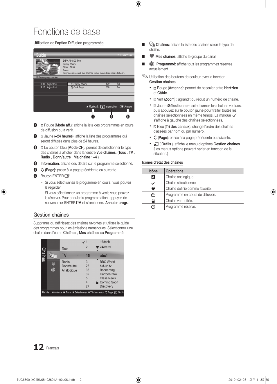 Fonctions de base, Gestion chaînes | Samsung UE32C6500UW User Manual | Page 70 / 350