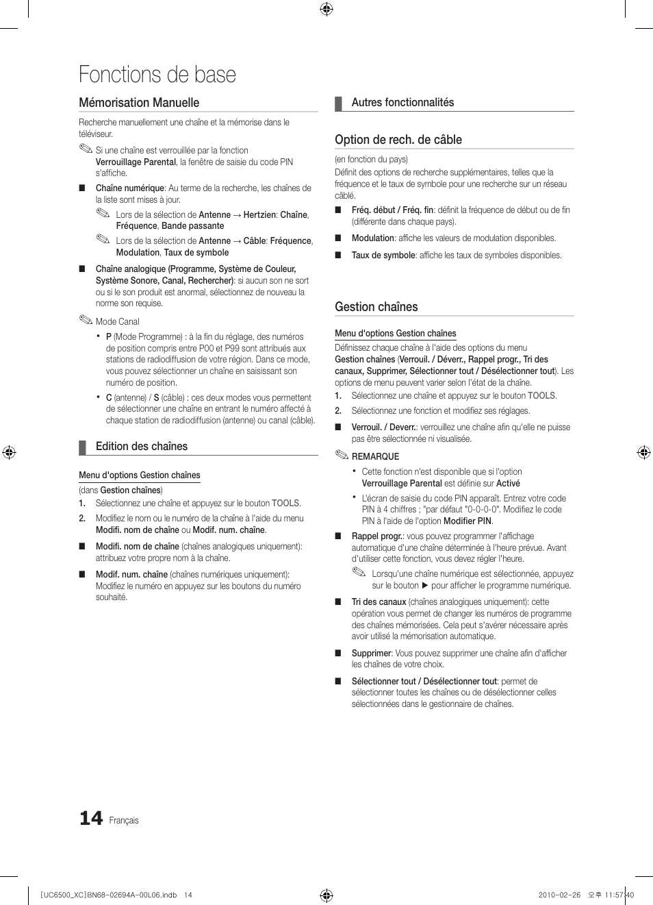 Fonctions de base, Mémorisation manuelle, Option de rech. de câble | Gestion chaînes | Samsung UE32C6500UW User Manual | Page 72 / 350