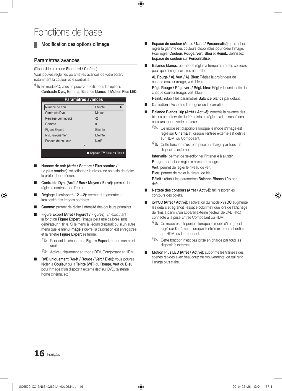 Fonctions de base, Paramètres avancés | Samsung UE32C6500UW User Manual | Page 74 / 350