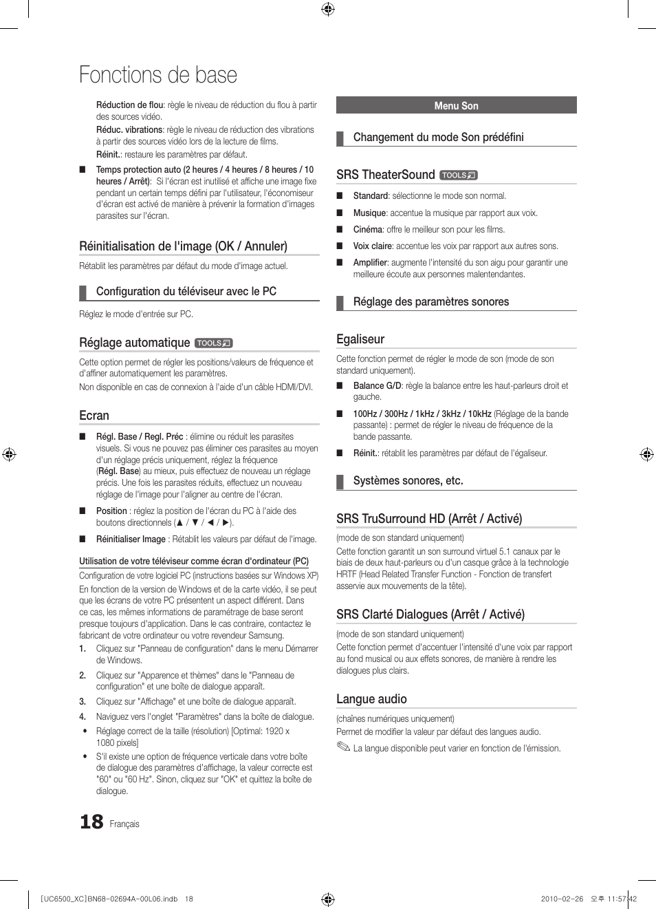 Fonctions de base, Réinitialisation de l'image (ok / annuler), Réglage automatique | Ecran, Srs theatersound, Egaliseur, Srs trusurround hd (arrêt / activé), Srs clarté dialogues (arrêt / activé), Langue audio | Samsung UE32C6500UW User Manual | Page 76 / 350