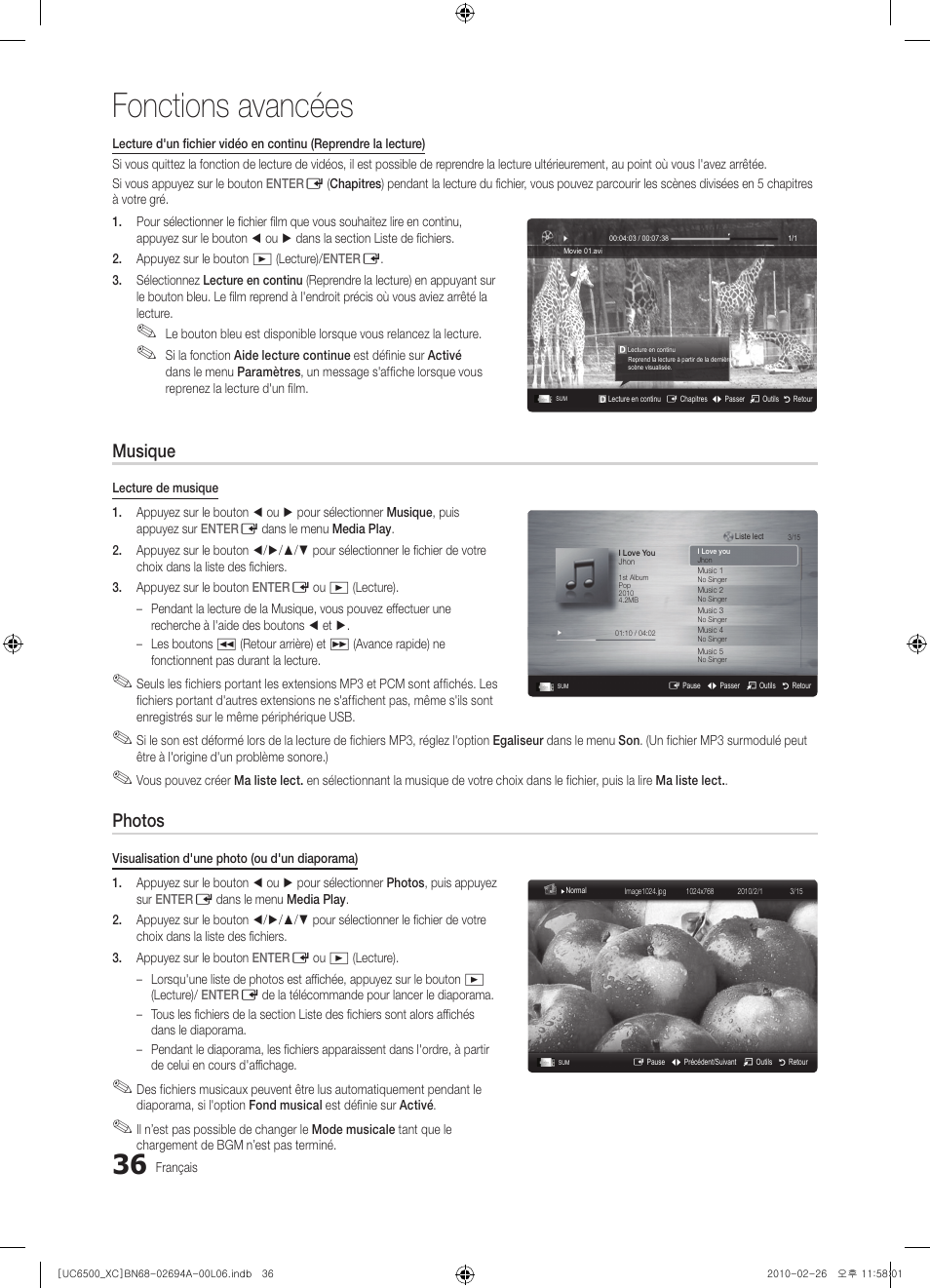 Fonctions avancées, Musique, Photos | Samsung UE32C6500UW User Manual | Page 94 / 350