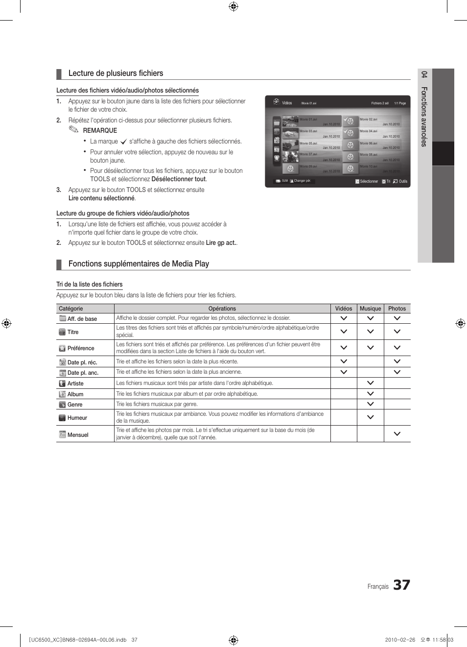 Lecture de plusieurs fichiers, Fonctions supplémentaires de media play | Samsung UE32C6500UW User Manual | Page 95 / 350