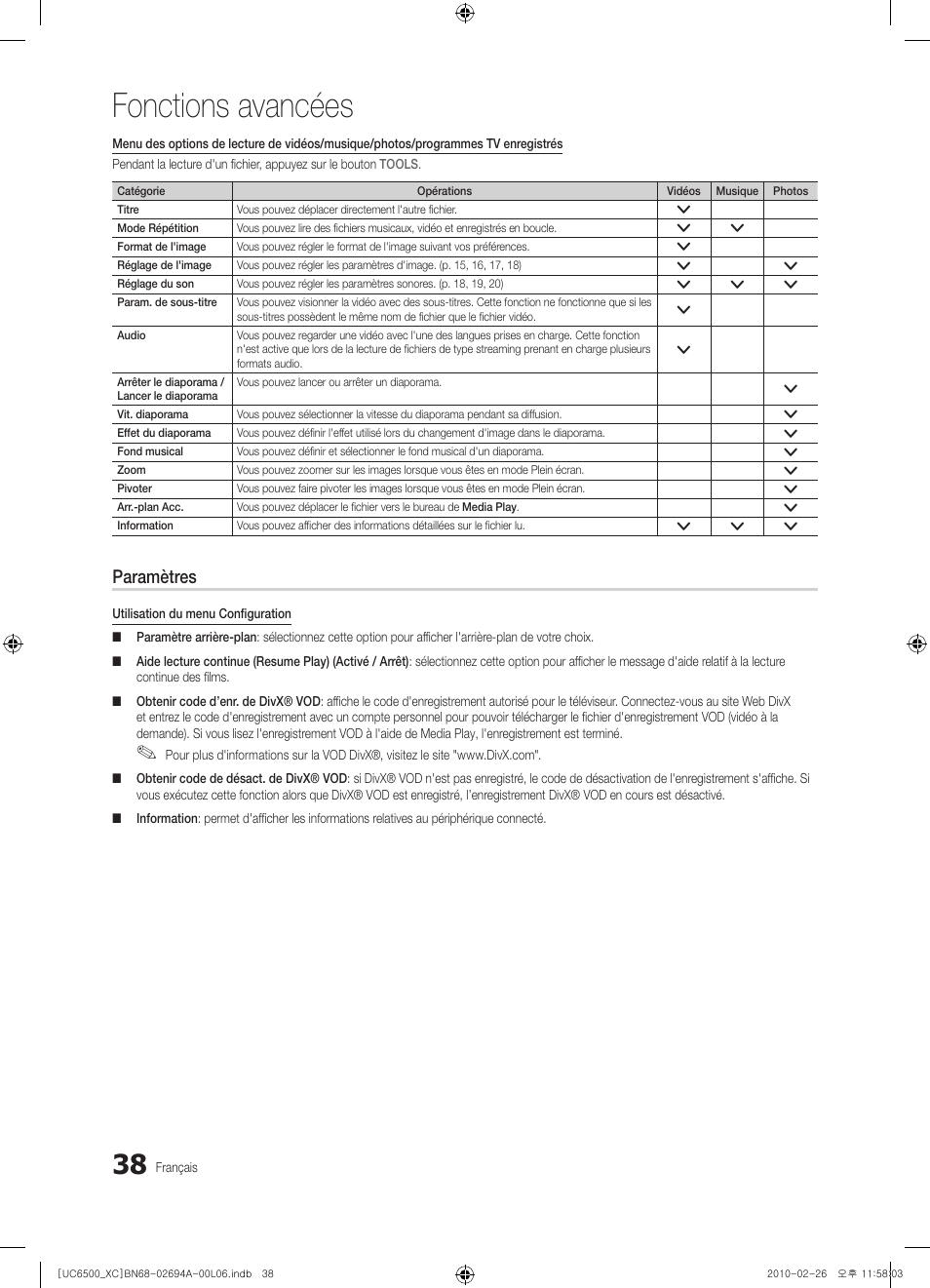 Fonctions avancées, Paramètres | Samsung UE32C6500UW User Manual | Page 96 / 350