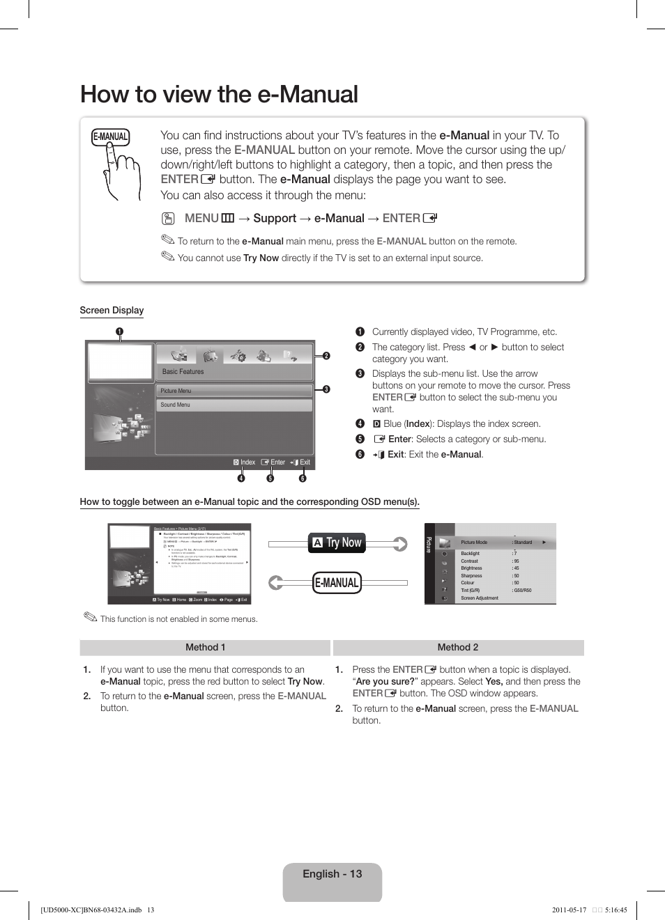 How to view the e-manual, A try now, E-manual | Menu m → support → e-manual → enter e | Samsung UE40D5000PW User Manual | Page 13 / 73