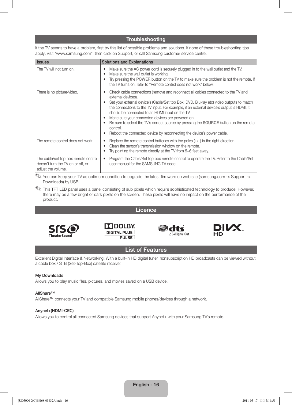 Licence list of features | Samsung UE40D5000PW User Manual | Page 16 / 73