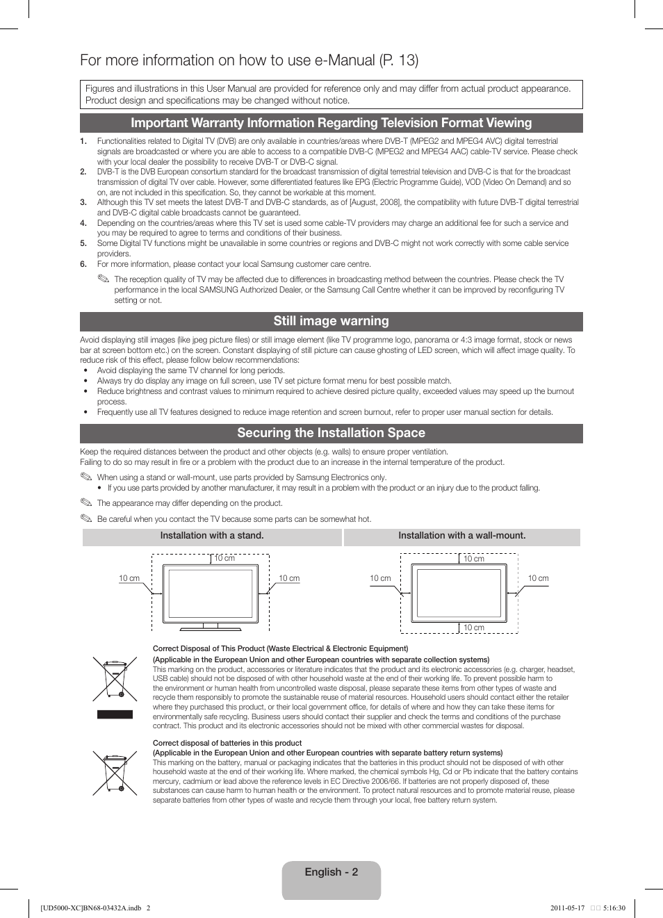 Still image warning, Securing the installation space | Samsung UE40D5000PW User Manual | Page 2 / 73