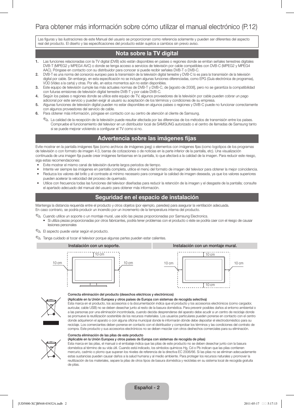 Nota sobre la tv digital, Advertencia sobre las imágenes fijas, Seguridad en el espacio de instalación | Samsung UE40D5000PW User Manual | Page 38 / 73