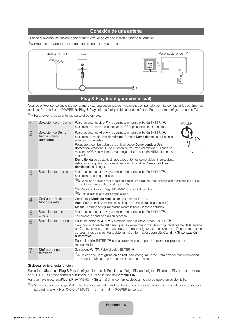 Conexión de una antena, Plug & play (configuración inicial) | Samsung UE40D5000PW User Manual | Page 42 / 73