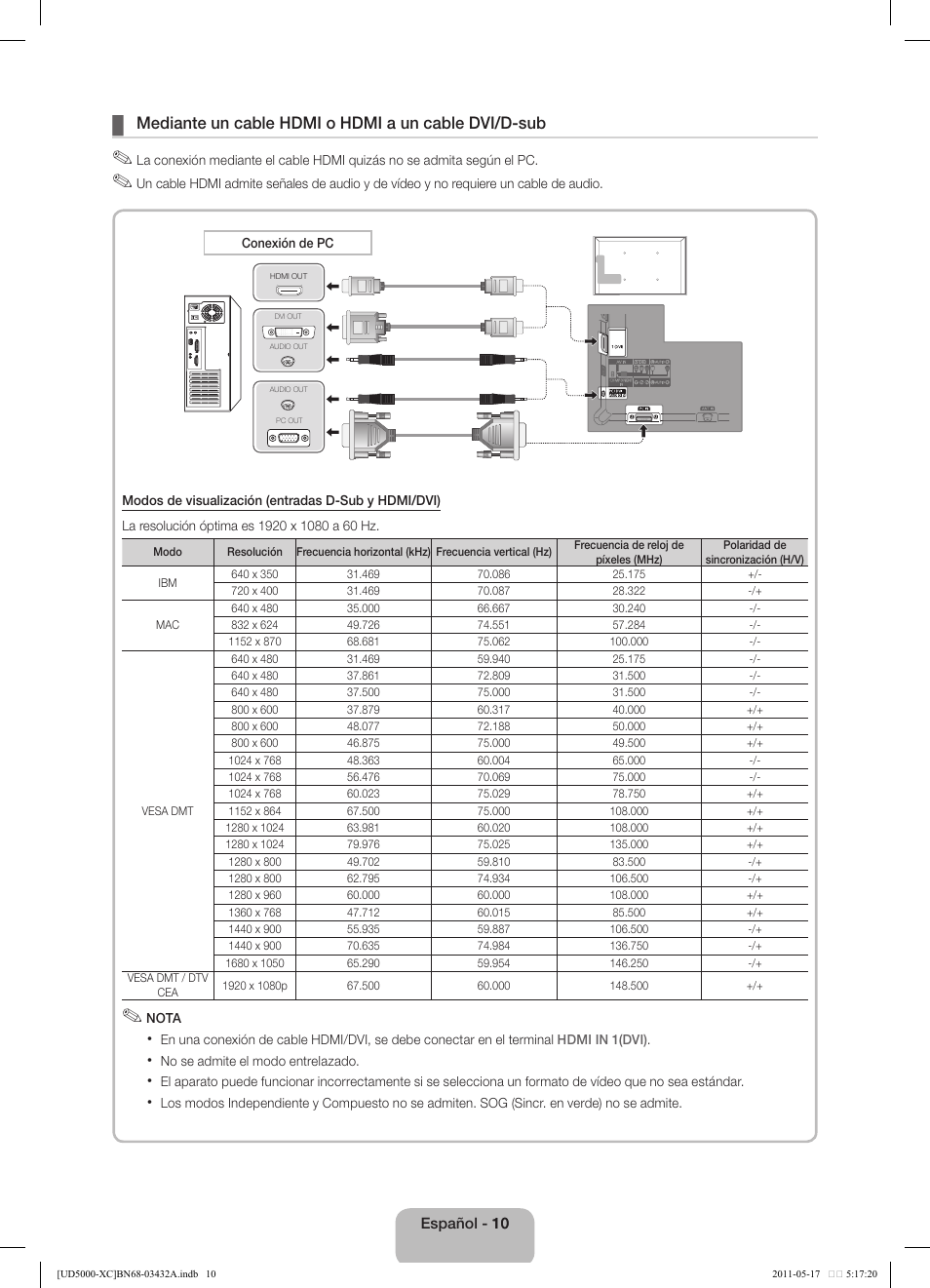 Mediante un cable hdmi o hdmi a un cable dvi/d-sub | Samsung UE40D5000PW User Manual | Page 46 / 73