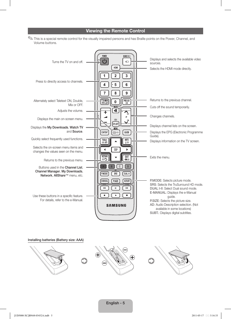 Viewing the remote control | Samsung UE40D5000PW User Manual | Page 5 / 73