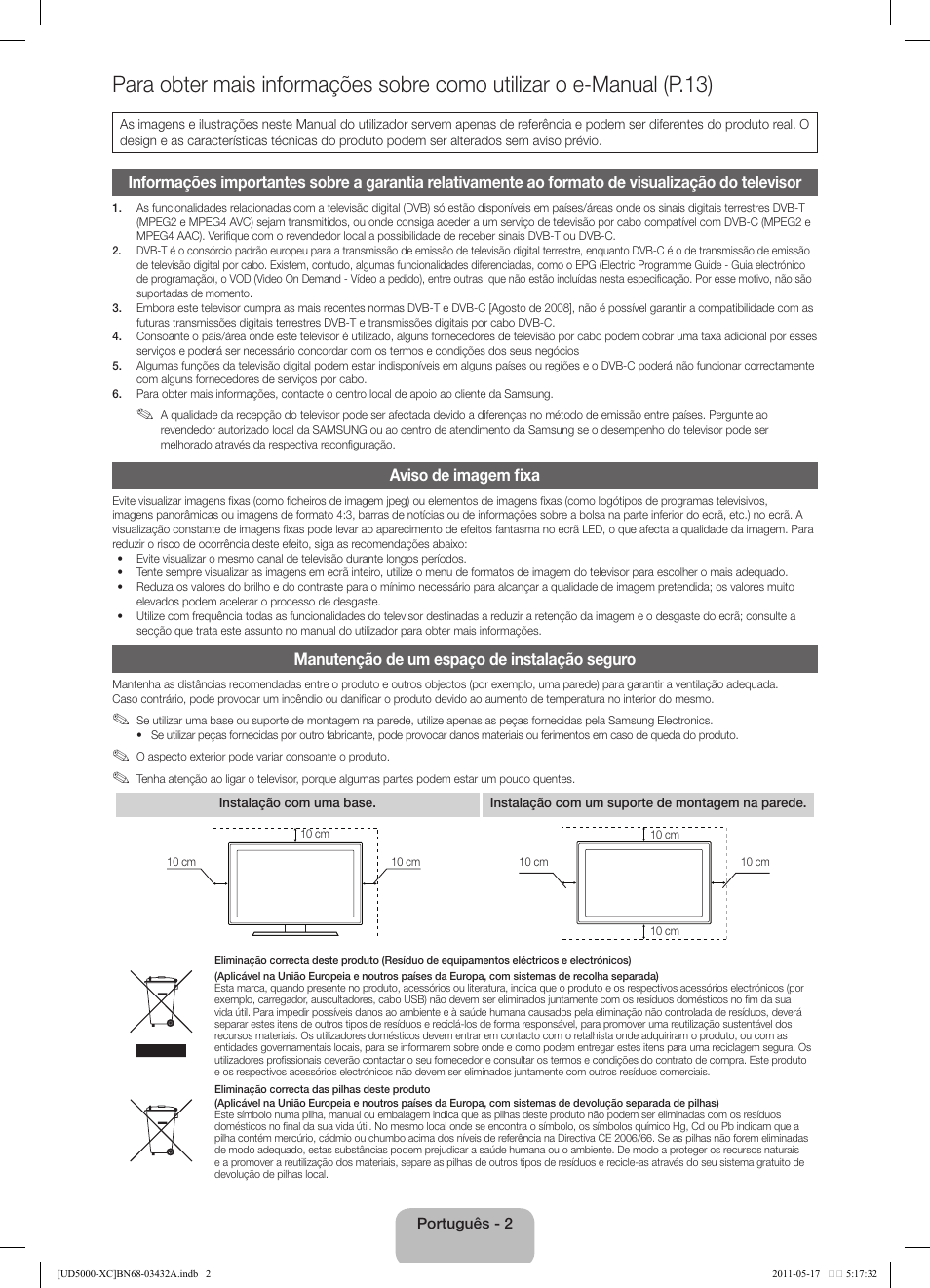 Aviso de imagem fixa, Manutenção de um espaço de instalação seguro | Samsung UE40D5000PW User Manual | Page 56 / 73