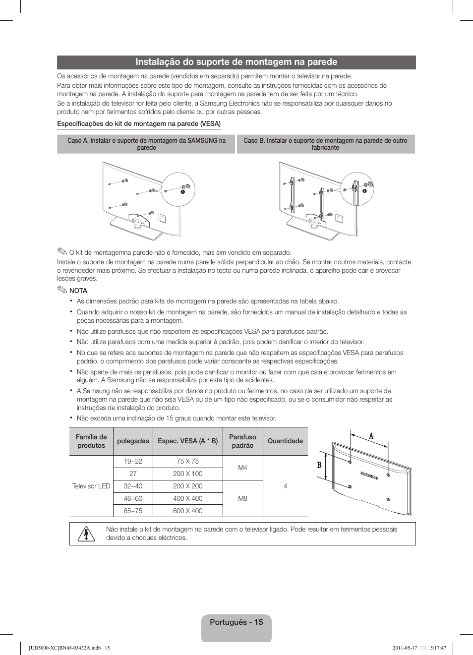 Instalação do suporte de montagem na parede | Samsung UE40D5000PW User Manual | Page 69 / 73