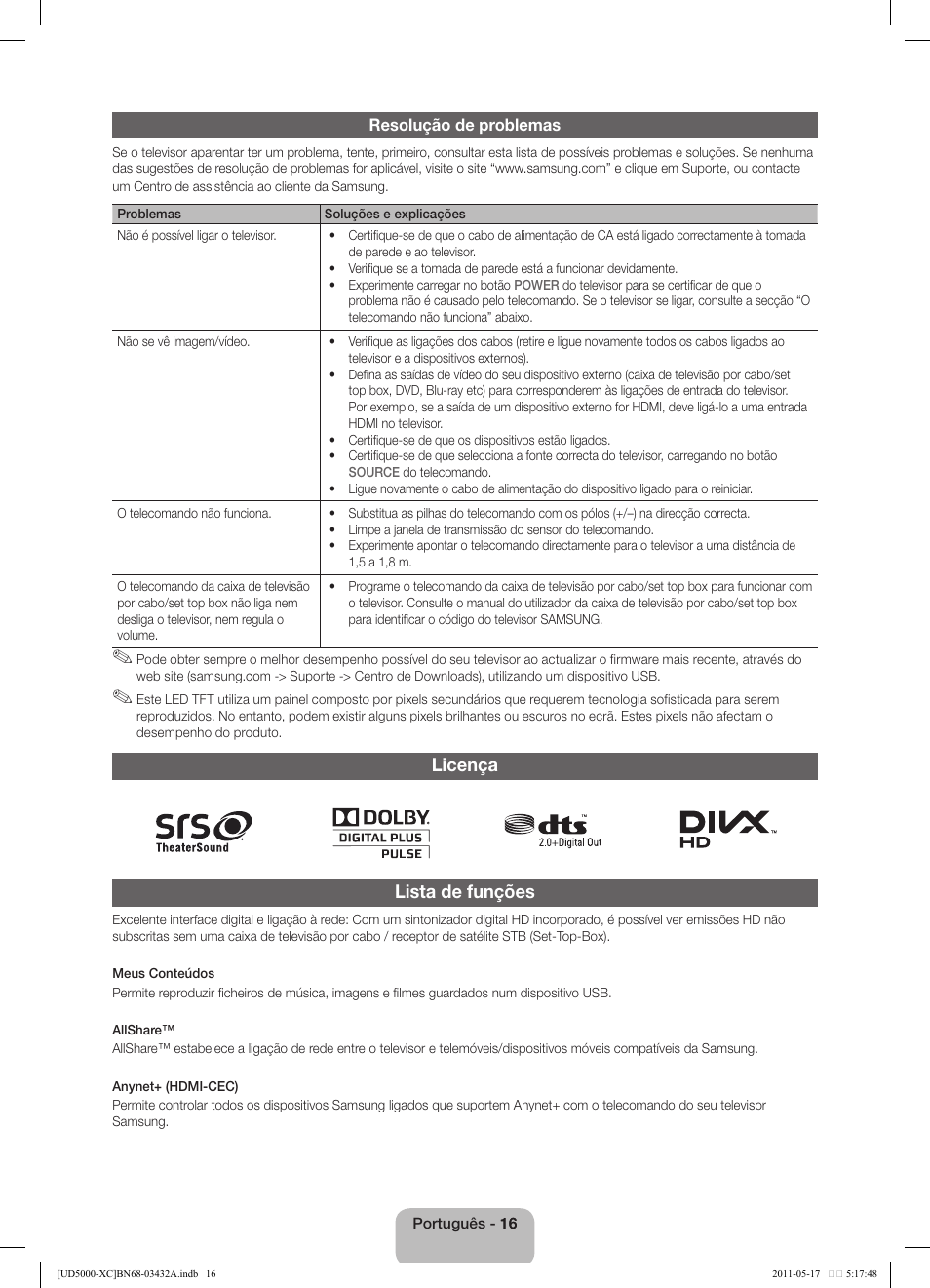 Licença lista de funções | Samsung UE40D5000PW User Manual | Page 70 / 73