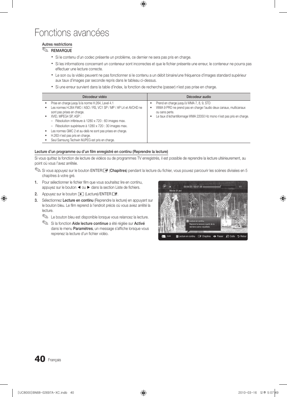 Fonctions avancées | Samsung UE40C8000XW User Manual | Page 103 / 379