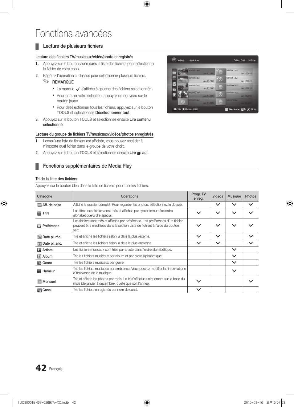 Fonctions avancées, Lecture de plusieurs fichiers, Fonctions supplémentaires de media play | Samsung UE40C8000XW User Manual | Page 105 / 379