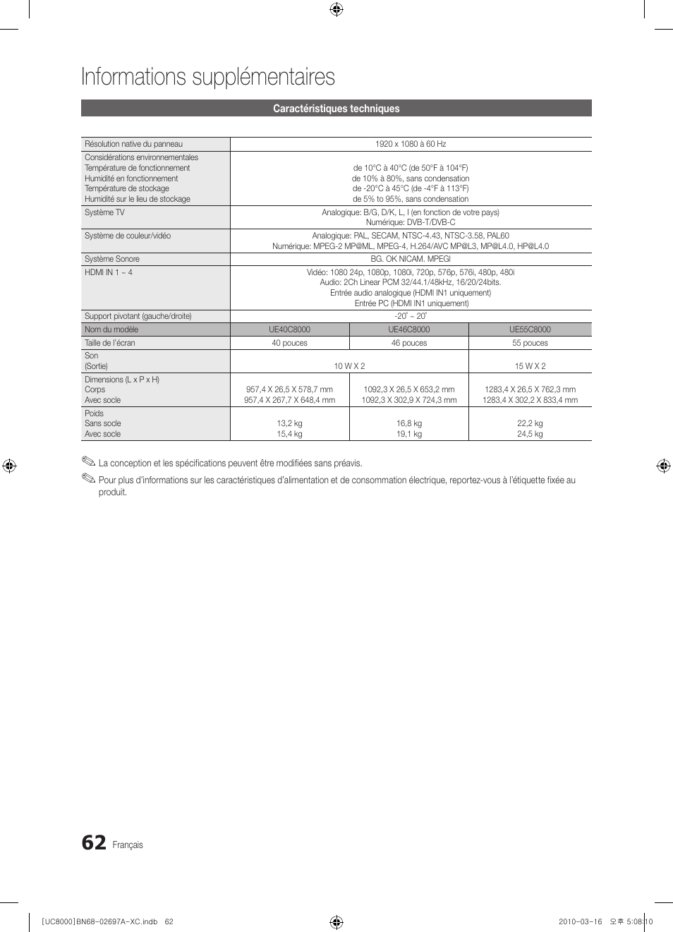 Informations supplémentaires | Samsung UE40C8000XW User Manual | Page 125 / 379