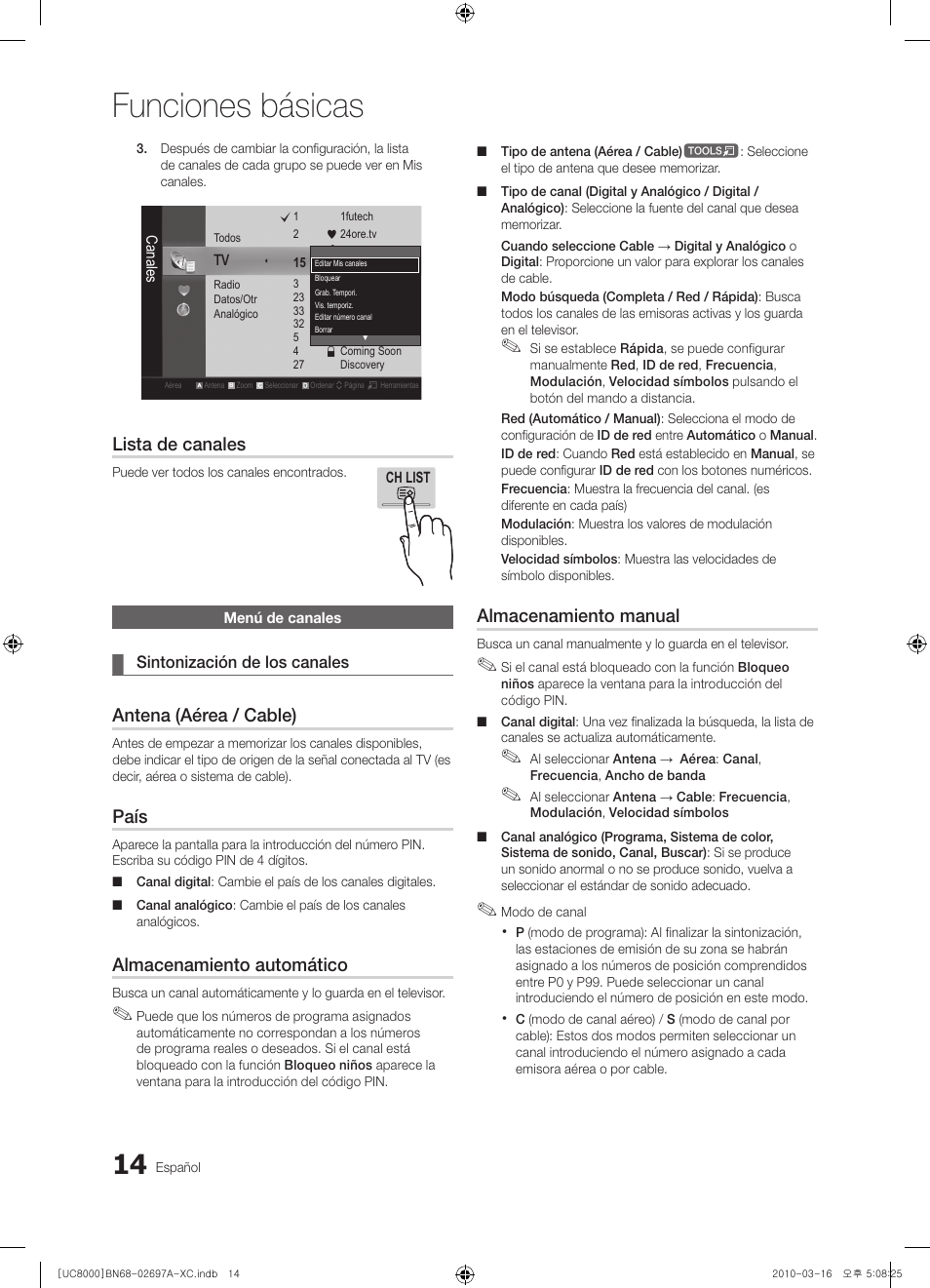 Funciones básicas, Lista de canales, Antena (aérea / cable) | País, Almacenamiento automático, Almacenamiento manual | Samsung UE40C8000XW User Manual | Page 140 / 379