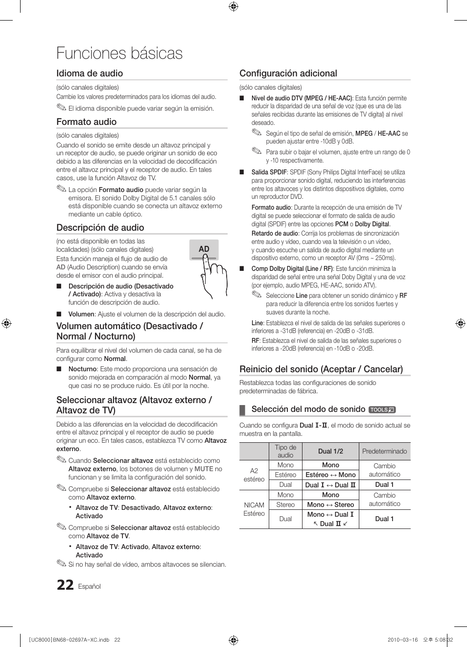 Funciones básicas, Idioma de audio, Formato audio | Descripción de audio, Configuración adicional, Reinicio del sonido (aceptar / cancelar) | Samsung UE40C8000XW User Manual | Page 148 / 379