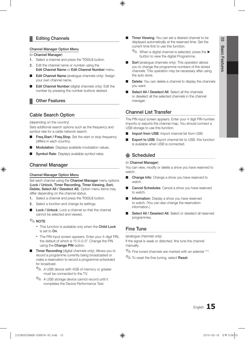 Cable search option, Channel manager, Channel list transfer | Scheduled, Fine tune | Samsung UE40C8000XW User Manual | Page 15 / 379