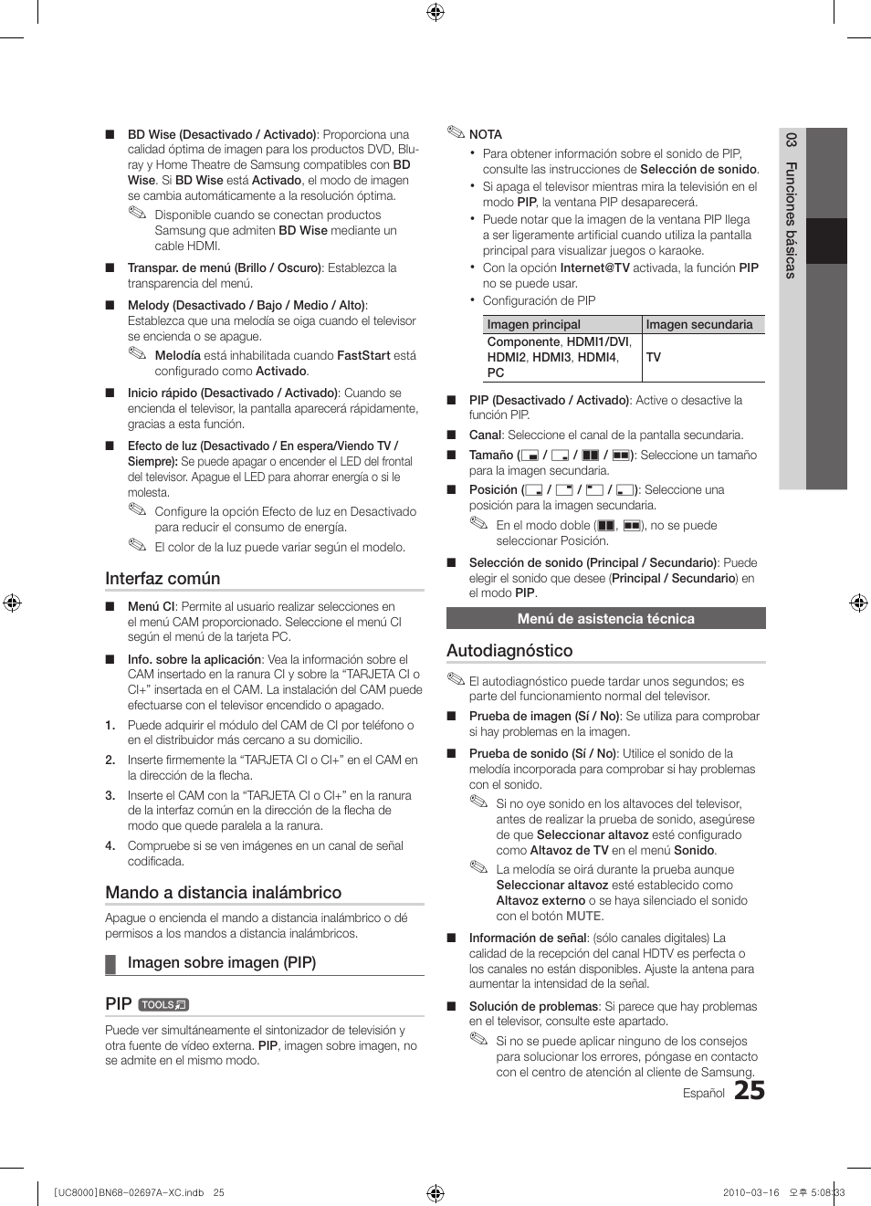 Interfaz común, Mando a distancia inalámbrico, Autodiagnóstico | Samsung UE40C8000XW User Manual | Page 151 / 379